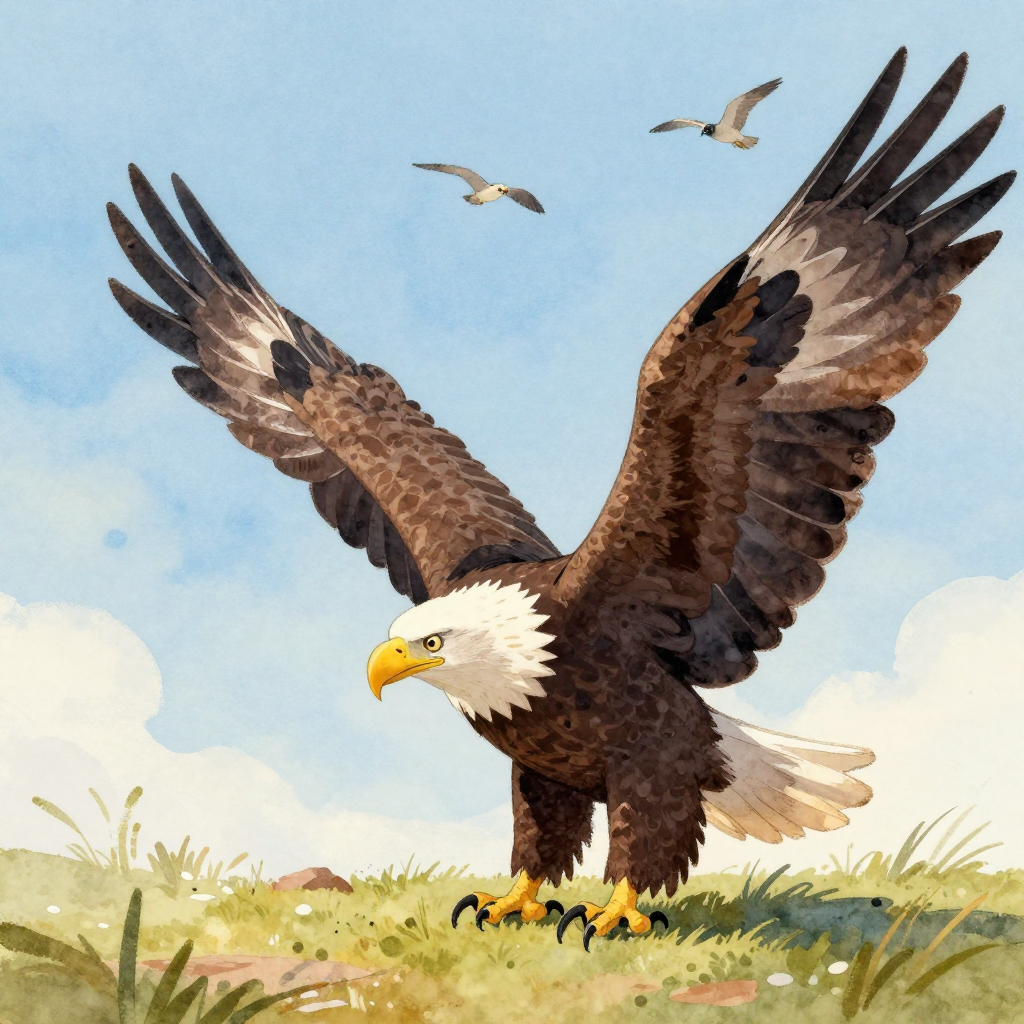 Murphy stretching his wings on the ground while wild birds fly freely above him