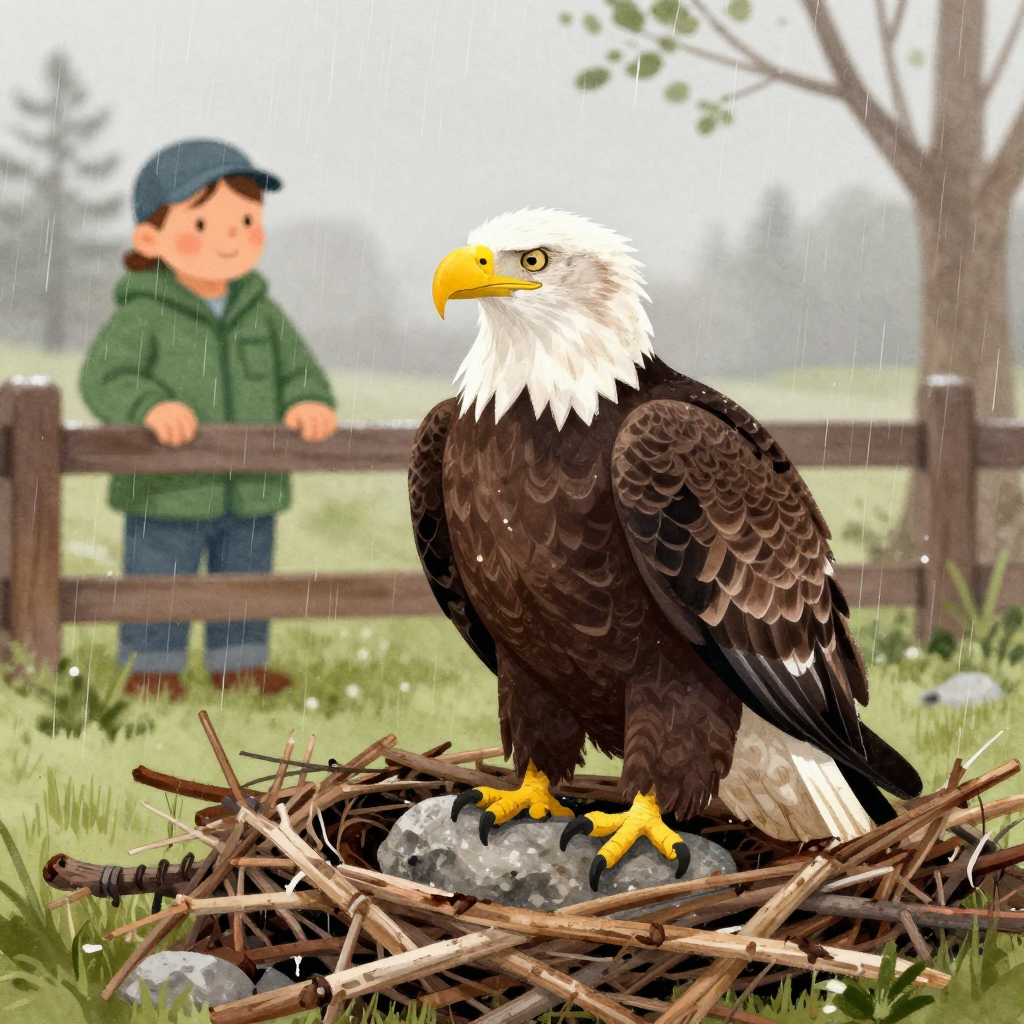 Murphy sitting patiently on his rock in the rain while a smiling caretaker watches from outside the enclosure