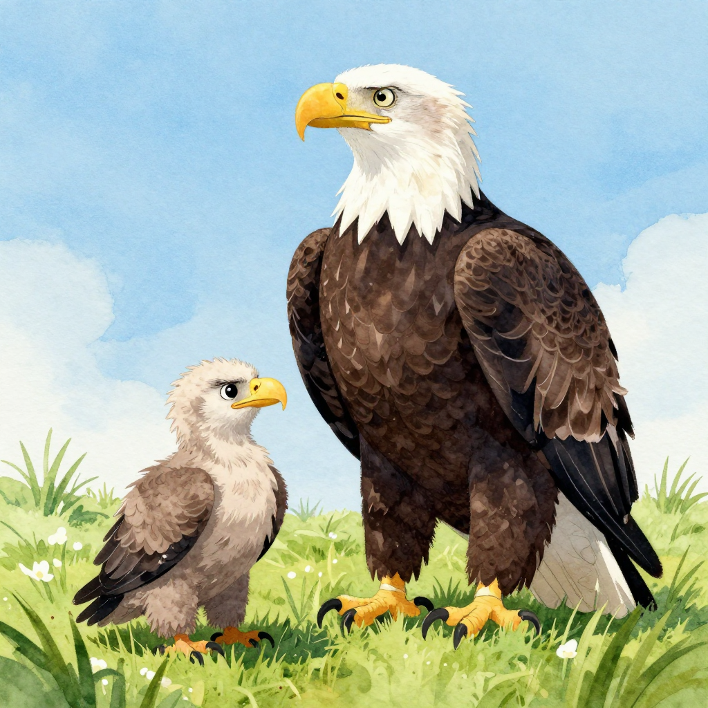 Murphy standing proudly beside his growing eaglet, both eagles together in the sunshine